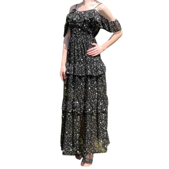Black and Silver Star Print Maxi Dress Size Med Cold Shoulder - Picture 1 of 8